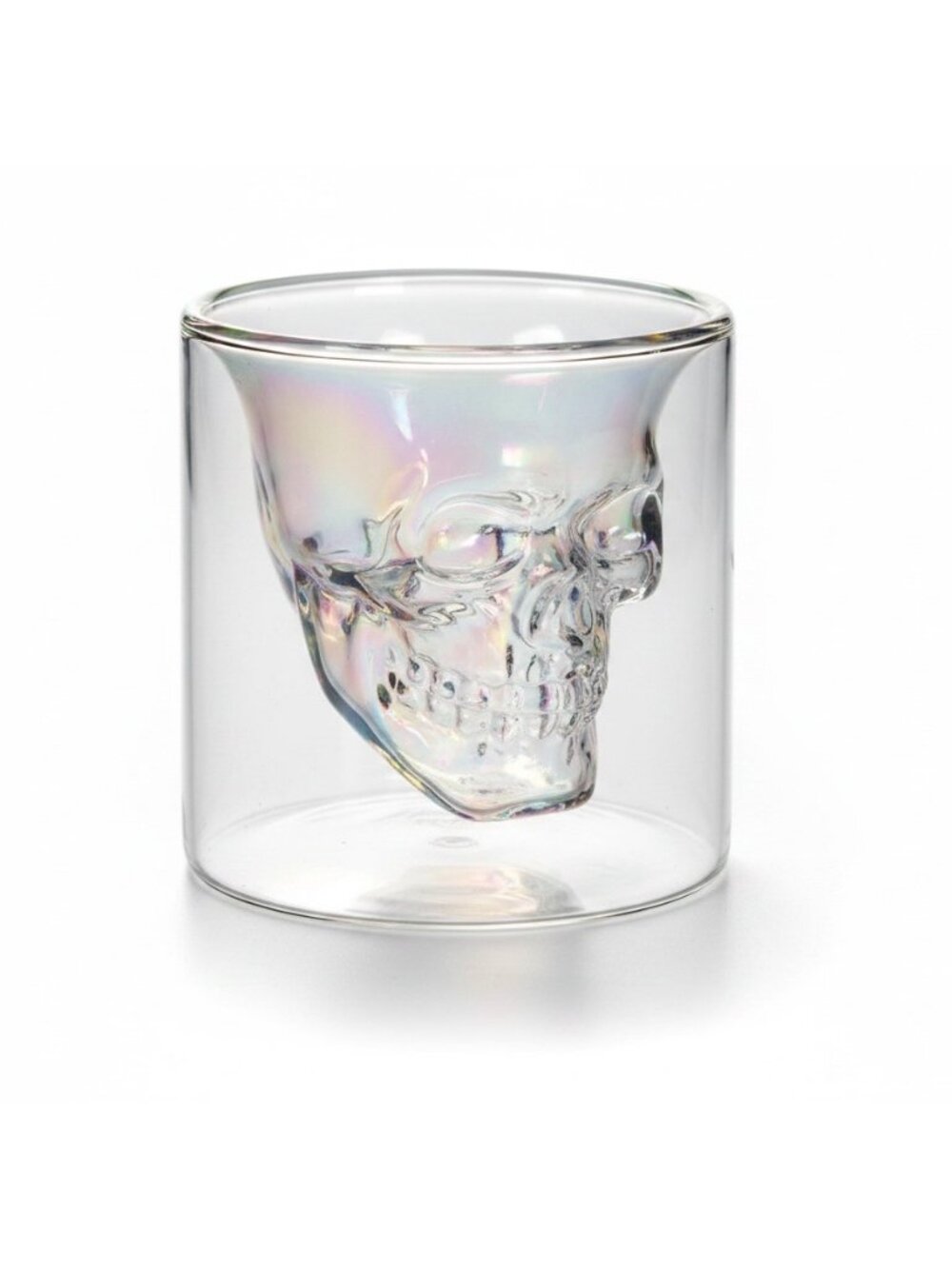 Set of 4 Iridescent Skull Shot Glasses Double Wall Glass Opal Skeleton Cup 2.75" - Picture 4 of 6